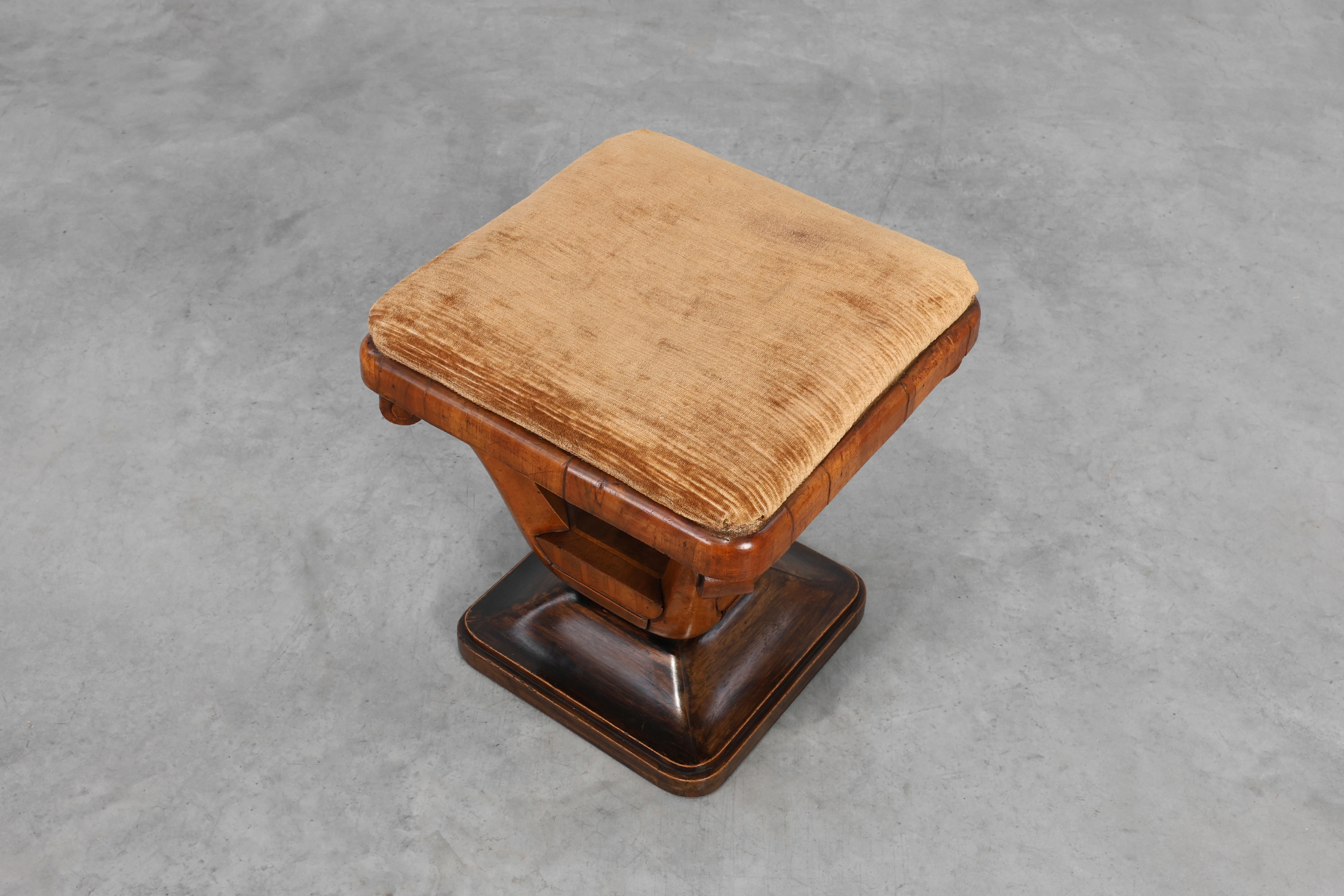 Pair of Art Deco Walnut Stools with Original Fabric, Italy, 1920thumbnail